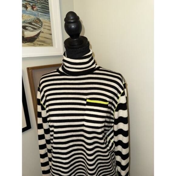 Vilagallo Women’s Black White Yellow Turtleneck Striped Sweater Large Wool Blend - Picture 2 of 6